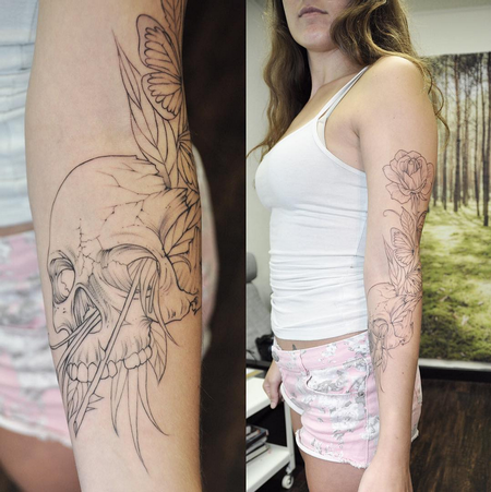 Tattoos - Skull, Flowers, and Butterflies (based on Dali painting)- Instagram @michaelbalesart - 123112
